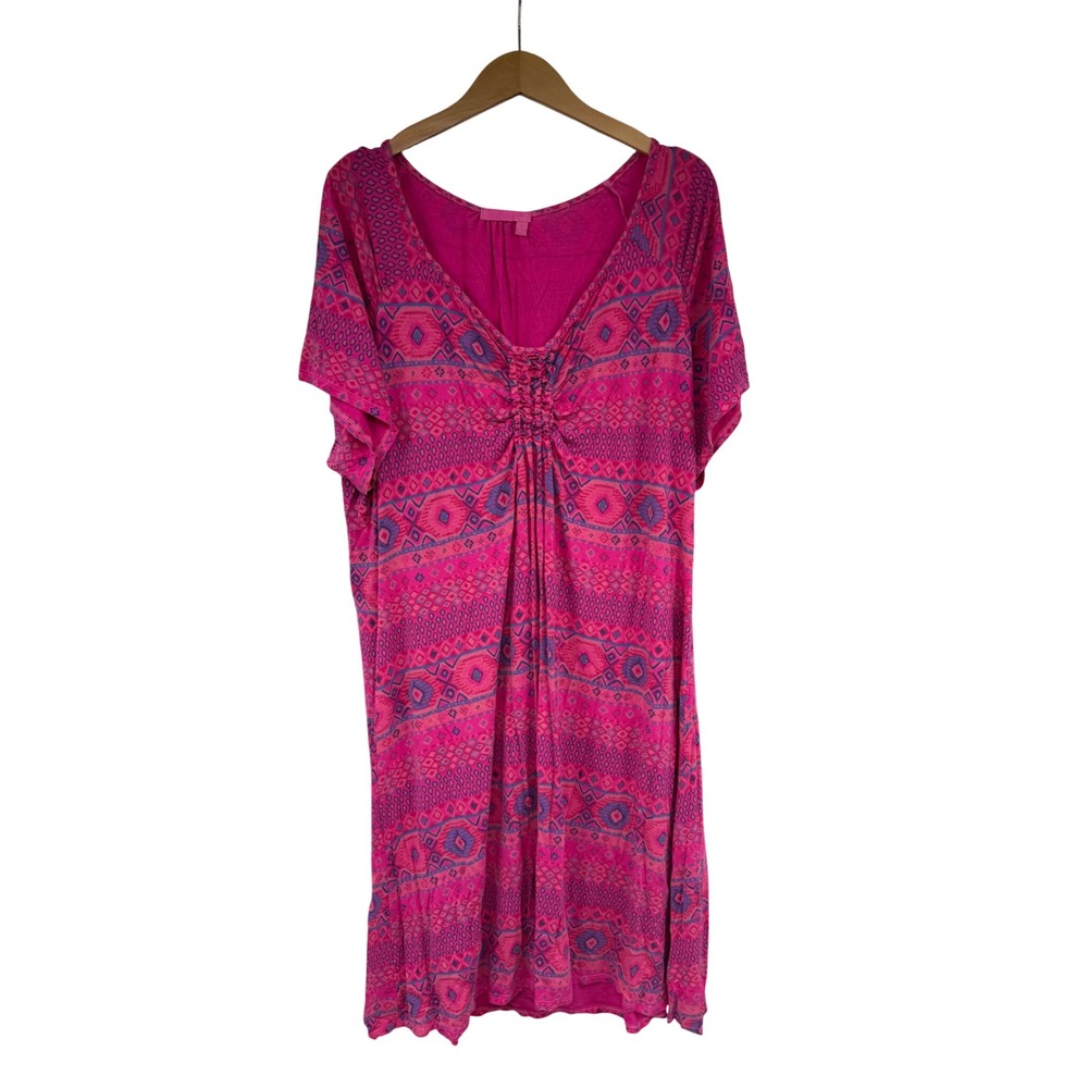 Fresh Produce Womens‎ 2X Pink Geometric Printed V-Neck Short Sleeve Soft Dress